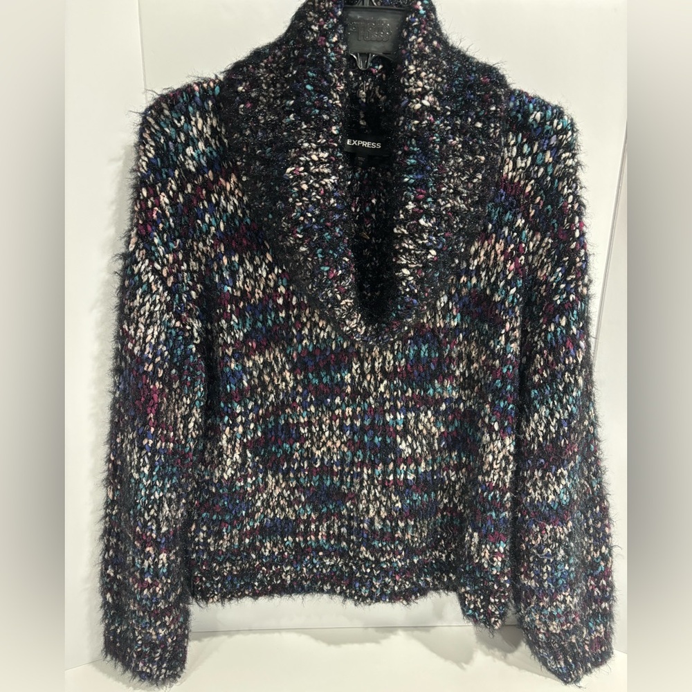 Express Oversized Black Multicolor Fuzzy Cowl Neck Pullover Long Sleeve Sweater